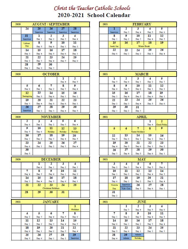 Calendars Christ the Teacher Catholic Schools